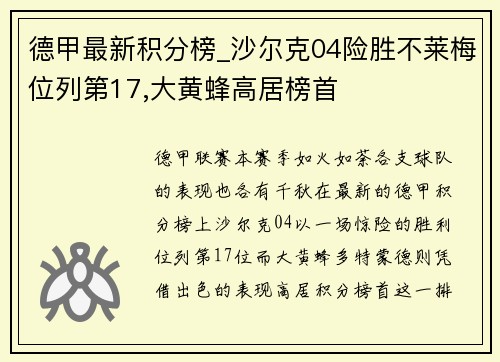 德甲最新积分榜_沙尔克04险胜不莱梅位列第17,大黄蜂高居榜首