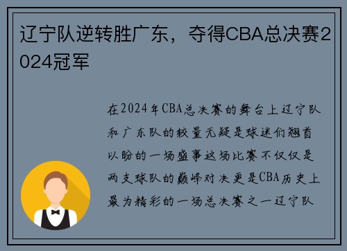 辽宁队逆转胜广东，夺得CBA总决赛2024冠军